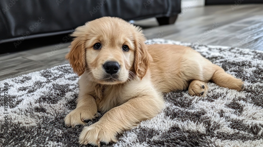 A cute Golden Retriever puppy lying on a cozy rug, looking up with big, innocent eyes.