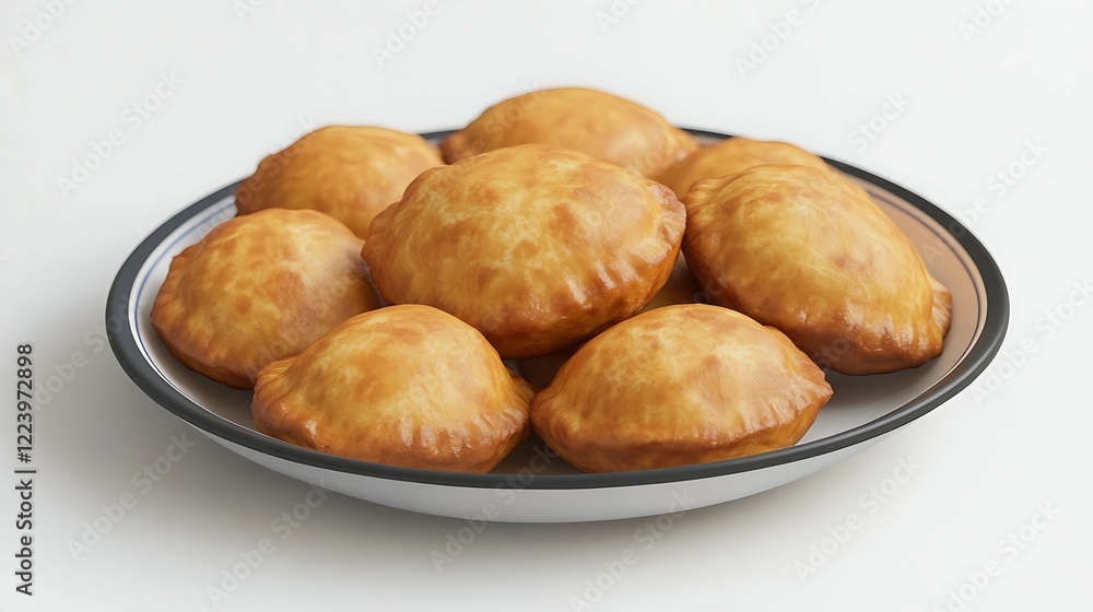 A white plate with kachori on a white background A white plate with kachori on a white background
