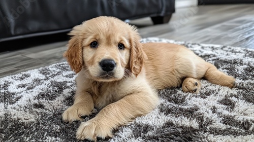Obraz na płótnie A cute Golden Retriever puppy lying on a cozy rug, looking up with big, innocent eyes.