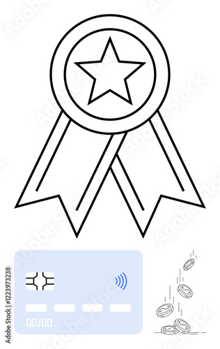 Star medal with ribbons, credit card with contactless symbol, and falling coins. Ideal for loyalty programs, payment systems, achievements, transactions, rewards, finance abstract line flat metaphor