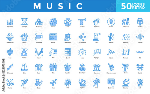 Music icon set with equalizer, spotlight, audience, crowd, fan, fanfare, applause, encore, rehearsal, practice icon. Simple retro vector 
