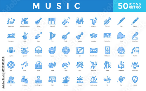 Music icon set with music note, musical instrument, guitar, keyboard, violin, drum, saxophone, trumpet, flute, clarinet icon. Simple retro vector 
