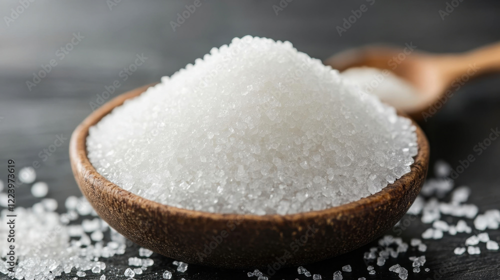 close up of white sugar in wooden bowl, showcasing its fine granules and texture, evokes sense of sweetness and culinary delight close up of white sugar in wooden bowl, showcasing its fine granules and texture, evokes sense of sweetness and culinary delight