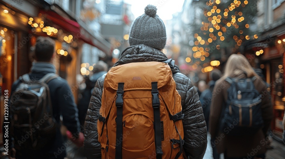 Obraz premium Traveler with Backpack Walks Through Festive City Street