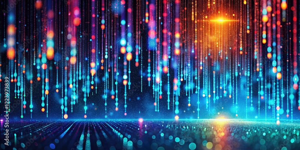 Abstract Digital Rain: Panoramic View of Falling Binary Code, Data Flow, and Cybersecurity Concept, Ideal for Technology and Big Data Themes Abstract Digital Rain: Panoramic View of Falling Binary Code, Data Flow, and Cybersecurity Concept, Ideal for Technology and Big Data Themes