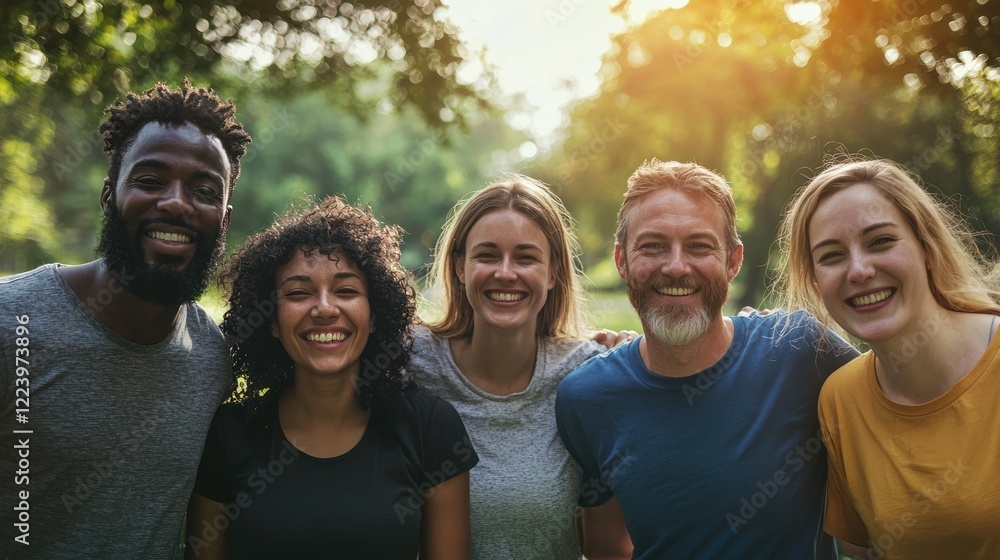 A diverse group of volunteers working together to clean a park