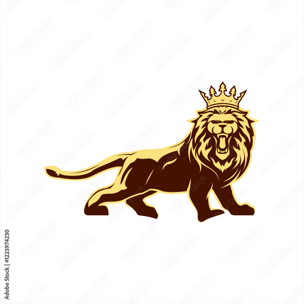 Angry lion wearing gold and brown crown illustration logo design Angry lion wearing gold and brown crown illustration logo design