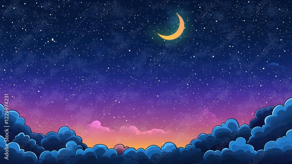 A dramatic night sky with vibrant colors from the sunset fading into a dark blue sky filled with stars.