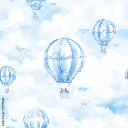 Blue Hot Air Balloons Floating in Cloudy Sky in Soft Watercolor Style for Dreamy T-Shirt Design
