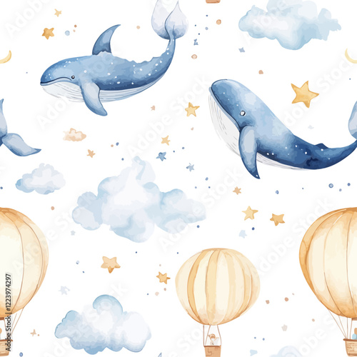 Whales Floating with Hot Air Balloons and Stars in Dreamy Sky Pattern for Fantasy T-Shirt Design

