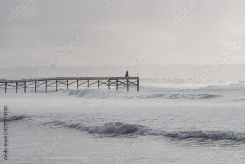 winter king tide ocean waves hitting the pier