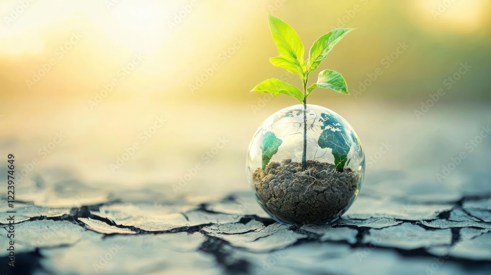A dry, cracked earth with sparse vegetation, symbolizing the effects of global warming.
