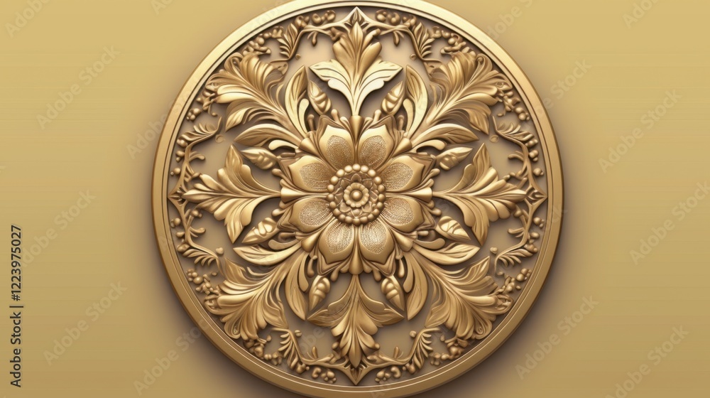 Intricate Golden Floral Round Ornament Design 3D Render Luxury Decorative Element for Interior Intricate Golden Floral Round Ornament Design 3D Render Luxury Decorative Element for Interior