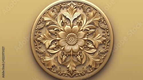 Intricate Golden Floral Round Ornament Design 3D Render Luxury Decorative Element for Interior