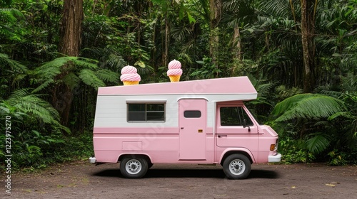 A charming pink ice cream van is nestled in a lush green forest, adorned with whimsical ice cream cones on top.
