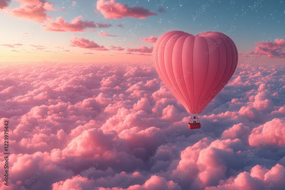 Obraz premium Romantic Heart-Shaped Hot Air Balloon Floating Above Dreamy Clouds