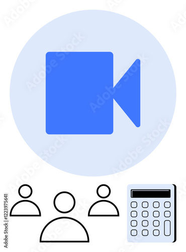 Blue video camera icon above group silhouettes and calculator. Ideal for remote work, online meetings, team management, collaboration tools, digital communication, productivity, abstract line flat