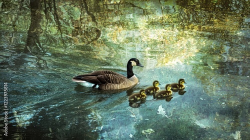Obraz na płótnie A family of geese swimming in a pond with ducklings following closely behind. w salonie