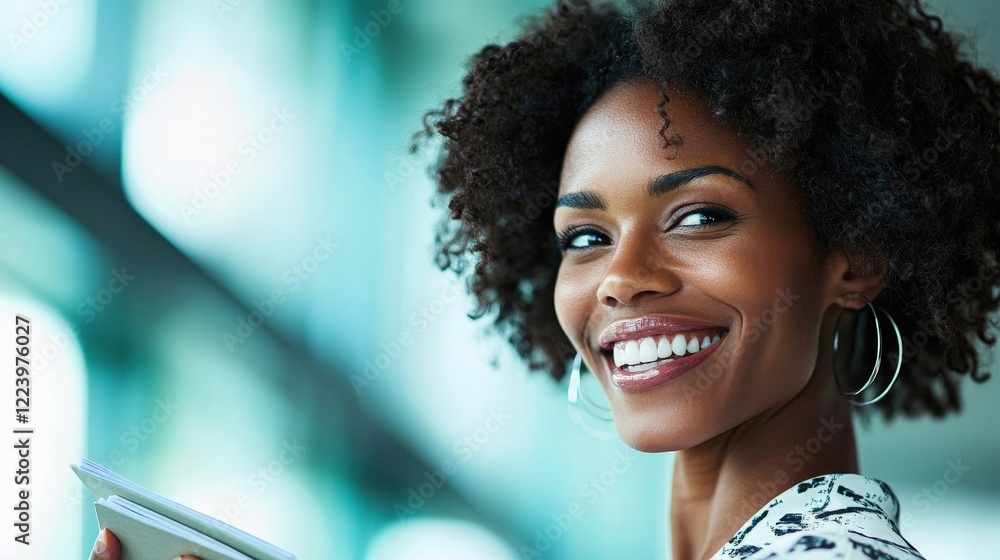 Obraz premium Smiling woman with curly hair holding a notebook looking confidently at the camera in a bright modern office setting