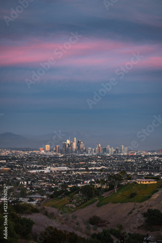 Downtown Los Angeles city skyline at sunset