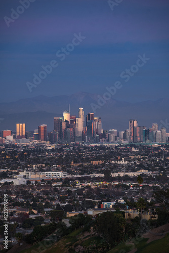 Downtown Los Angeles city skyline at sunset