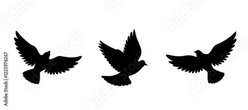 Set of silhouettes of doves in flight. Black silhouettes of pigeons isolated on white background. Vector illustration