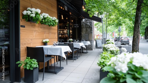 Outdoor Restaurant Patio, City Street, Summer, Tables Set, Flowers photo