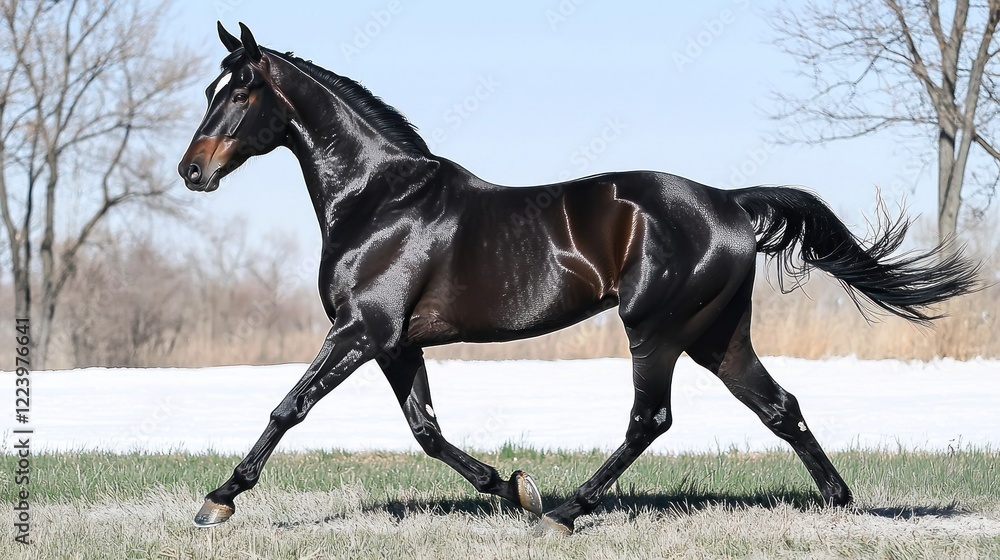 Black horse cantering snowy field, winter pasture Black horse cantering snowy field, winter pasture