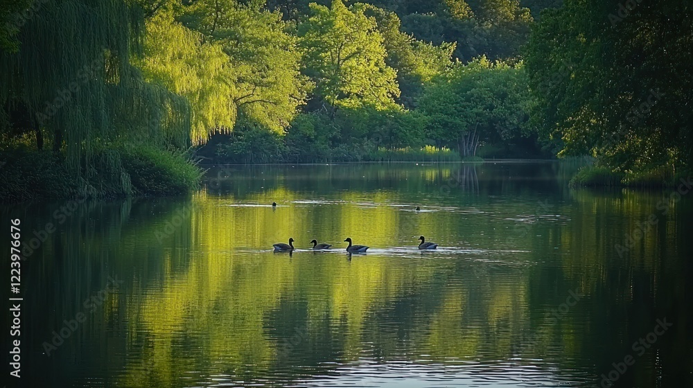 A family of geese swimming together in a tranquil pond, with reflections of the surrounding trees.