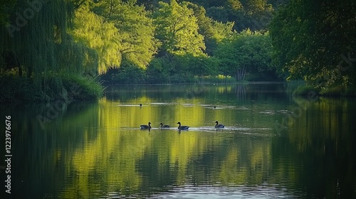 Obraz na płótnie A family of geese swimming together in a tranquil pond, with reflections of the surrounding trees. w salonie