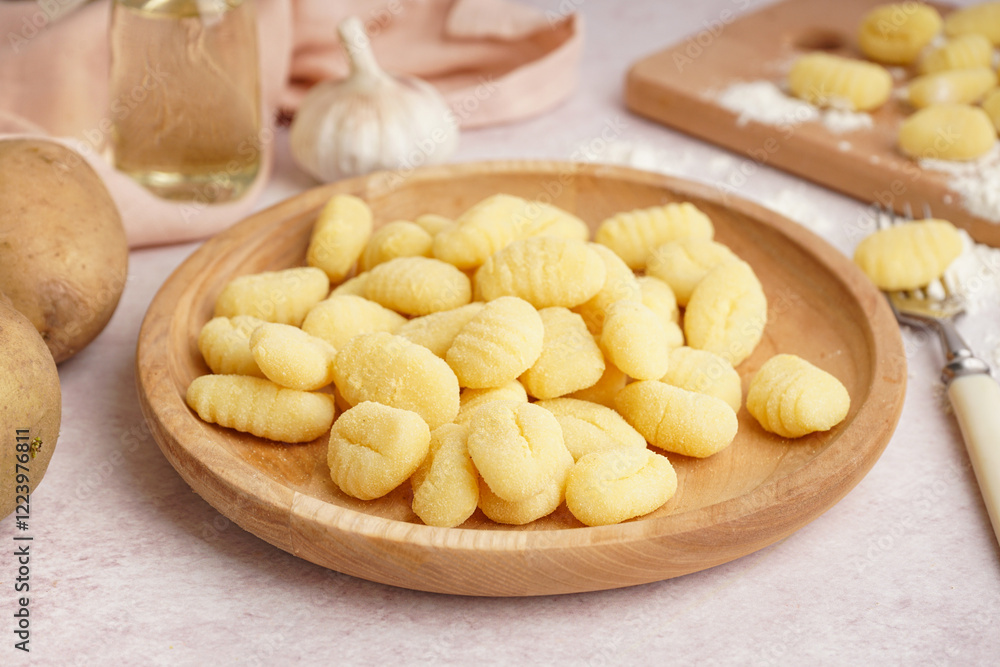 Wooden plate with tasty gnocchi and fork on light background, closeup Wooden plate with tasty gnocchi and fork on light background, closeup