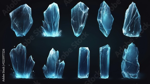 Collection of glowing blue ice crystals and shards on black background.