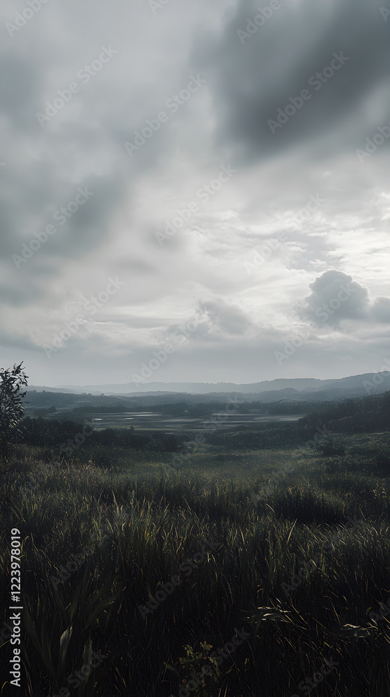 Naklejka premium Tranquil Landscape Under Moody Overcast Sky: A Reflection of Calm and Introspection