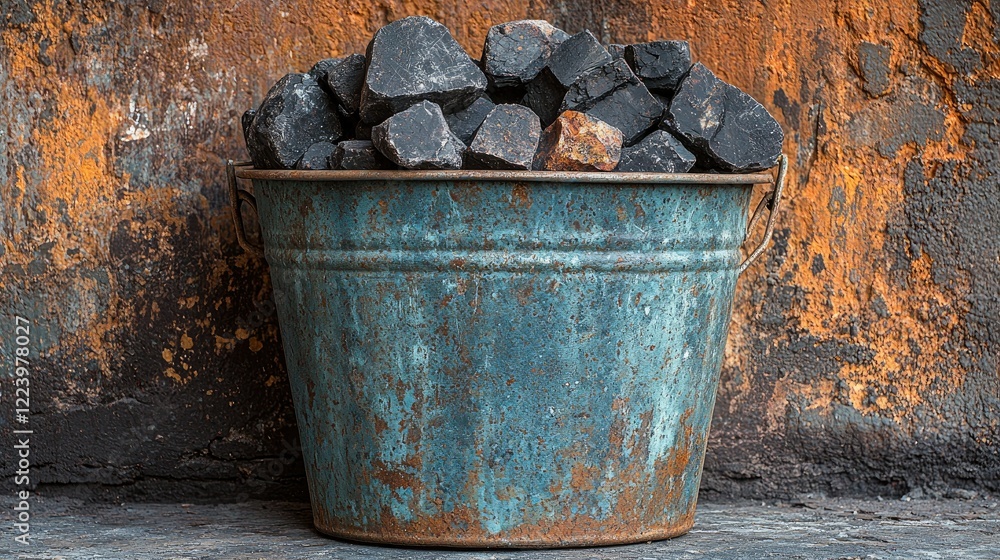 Rusty Bucket Filled With Dark Rocks Against Weathered Wall Rusty Bucket Filled With Dark Rocks Against Weathered Wall
