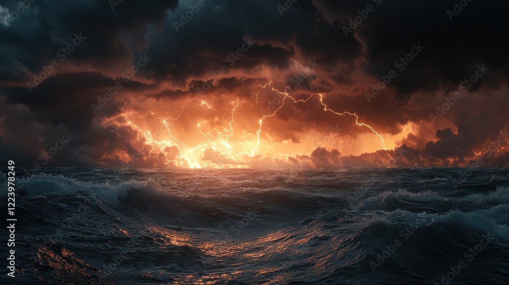 Fototapeta premium Lightning Over Rolling Ocean Waves