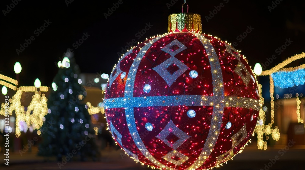 A giant Christmas ornament on display at a holiday festival with lights