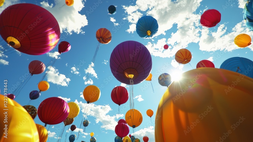 A giant colorful balloon floating in the sky during a festive outdoor celebration.