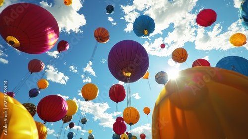 Obraz na płótnie A giant colorful balloon floating in the sky during a festive outdoor celebration.