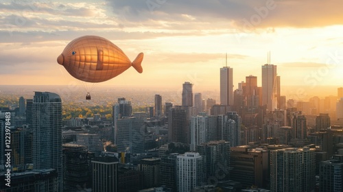 Obraz na płótnie A giant helium balloon shaped like an animal, soaring above a city skyline. w salonie