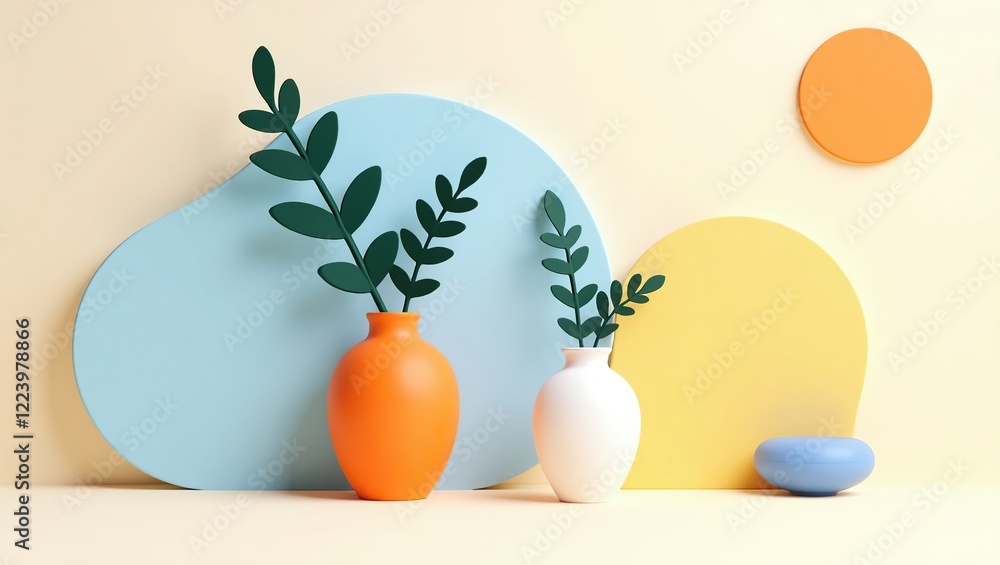 Fototapeta premium Stylish vases with green leaves against pastel background