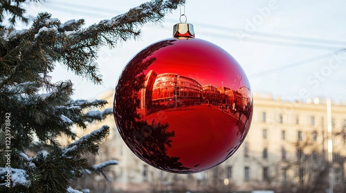 Obraz na płótnie A giant red Christmas ornament hanging from a tree in a city square w salonie