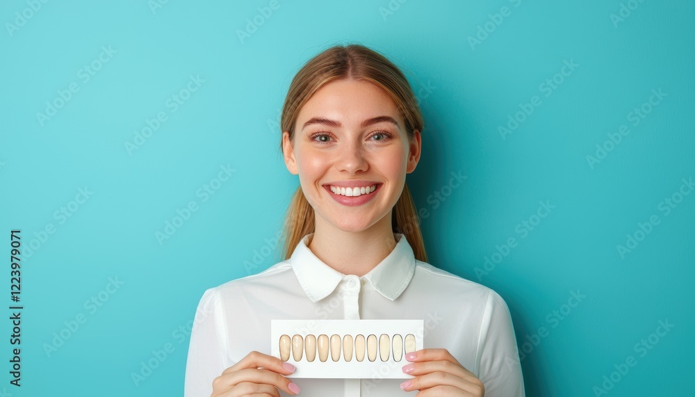 Portrait of a Young Woman with a Bright, Healthy Smile Holding a Shade Guide
