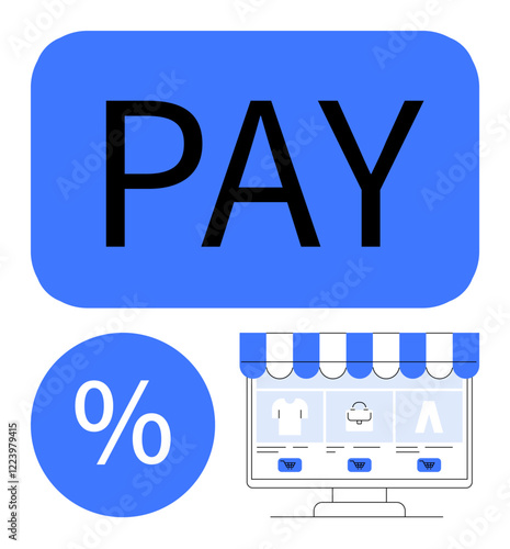 Large PAY button, discount percentage sign, and online store s product page. Ideal for online shopping, e-commerce, digital payments, discounts, promotions sales internet transactions. Abstract