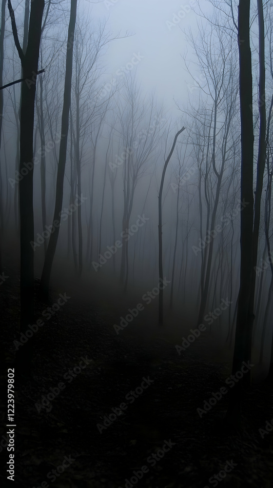 Fototapeta premium Misty forest path, winter scene, background trees