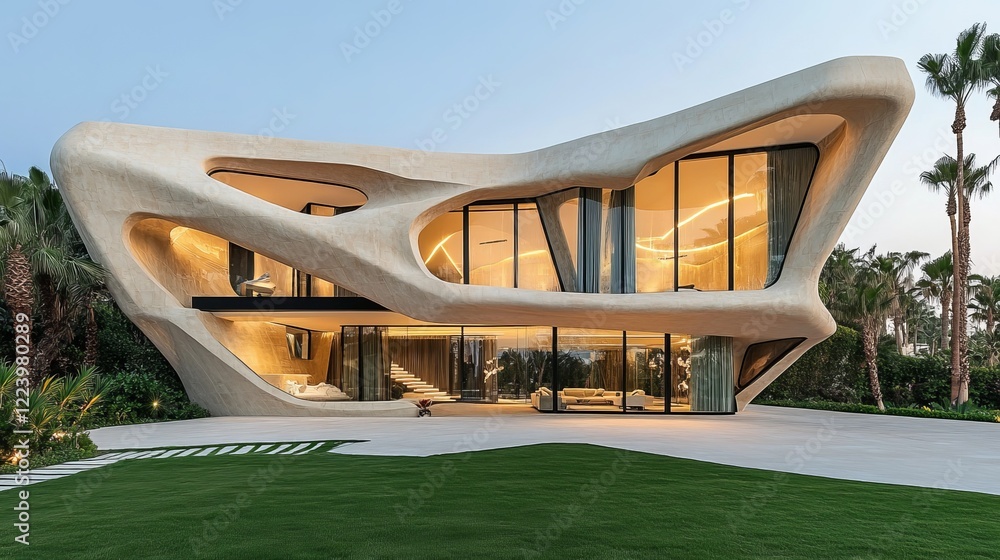 Fototapeta premium Contemporary Architectural Design Featuring a Unique Curved Roof Structure Surrounded by Lush Greenery and a Bright Blue Sky Evoking Modern Elegance and Natural Harmony in Urban Living