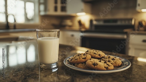 Obraz na płótnie A glass of milk next to a plate of freshly baked cookies on a cozy kitchen countertop.