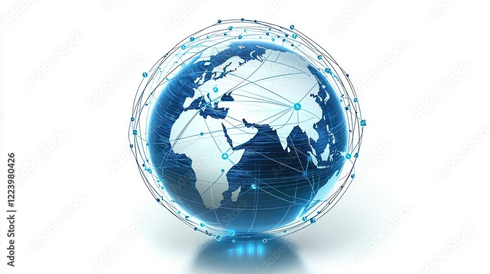 A globe with digital connections and communication lines representing global connectivity.