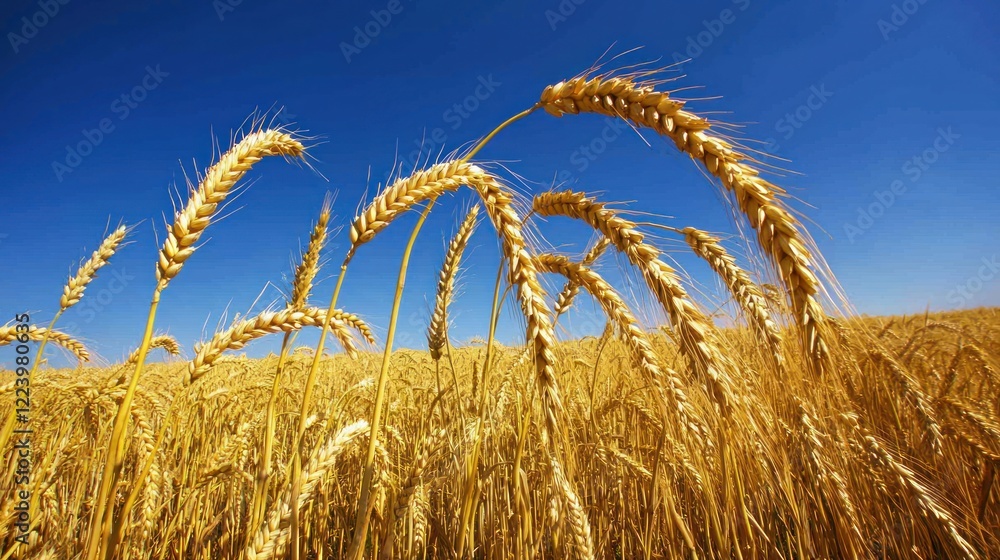 A golden grain field stretching across the horizon, ready for harvest under a clear blue sky.