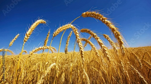 Obraz na płótnie A golden grain field stretching across the horizon, ready for harvest under a clear blue sky. w salonie