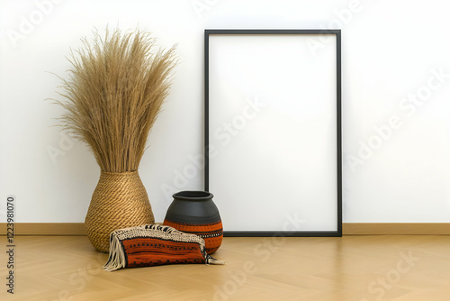 Modern home decor, vases, frame, pampas photo